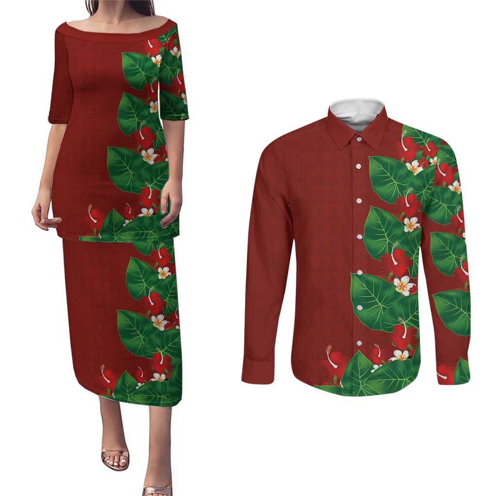 Hawaiian Taro Leaves-Hibiscus and Plumeria Couples Matching Puletasi and Long Sleeve Button Shirt Polynesian Art-Kakau Tattoo Red