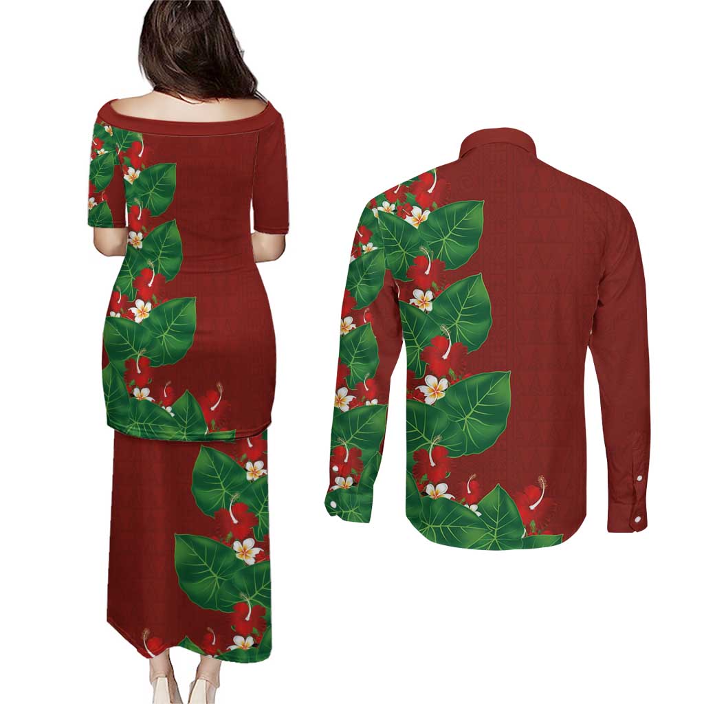 Hawaiian Taro Leaves-Hibiscus and Plumeria Couples Matching Puletasi and Long Sleeve Button Shirt Polynesian Art-Kakau Tattoo Red LT03 - Polynesian Pride