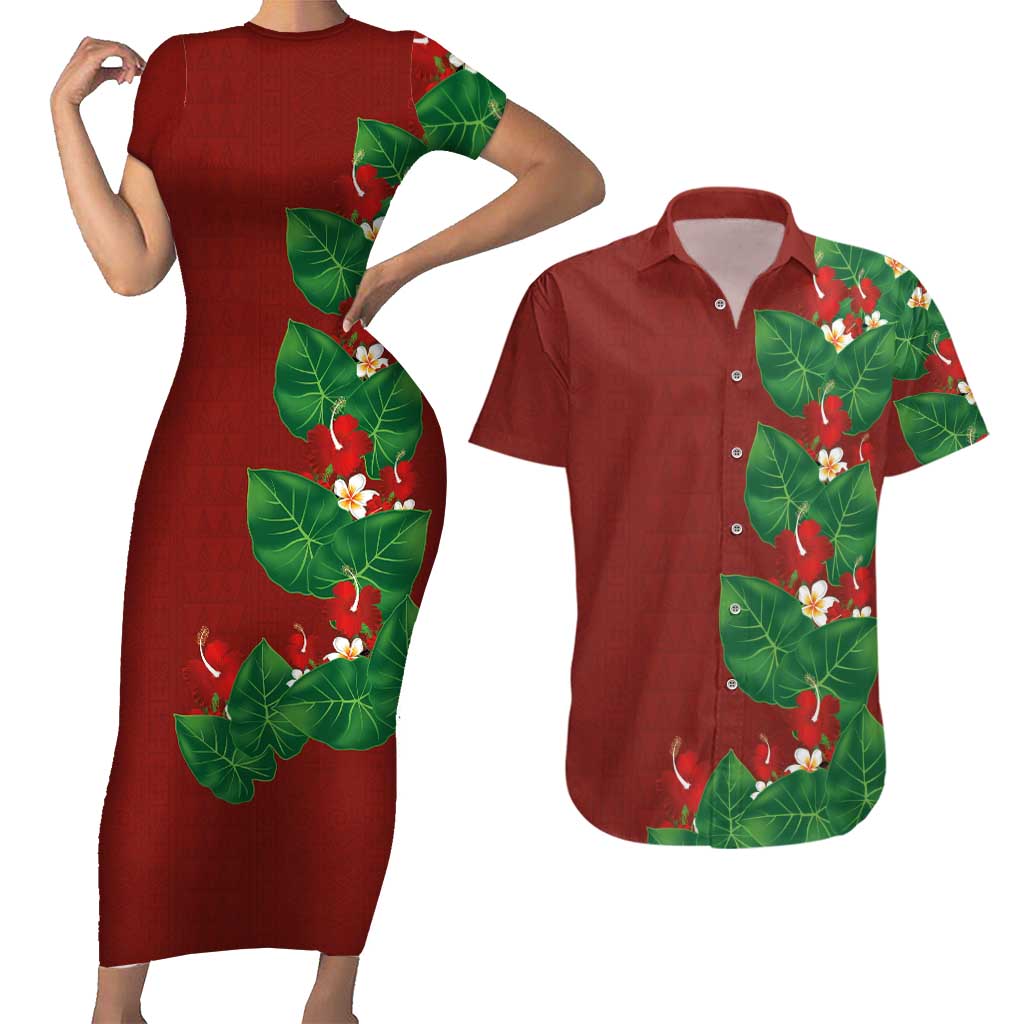 Hawaiian Taro Leaves-Hibiscus and Plumeria Couples Matching Short Sleeve Bodycon Dress and Hawaiian Shirt Polynesian Art-Kakau Tattoo Red LT03 Red - Polynesian Pride