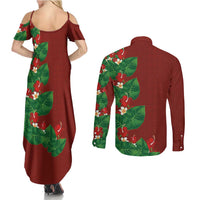 Hawaiian Taro Leaves-Hibiscus and Plumeria Couples Matching Summer Maxi Dress and Long Sleeve Button Shirt Polynesian Art-Kakau Tattoo Red LT03 - Polynesian Pride