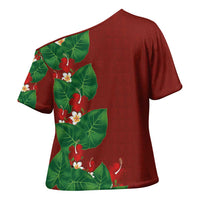Hawaiian Taro Leaves-Hibiscus and Plumeria Cross Shoulder Shirt Polynesian Art-Kakau Tattoo Red LT03 - Polynesian Pride