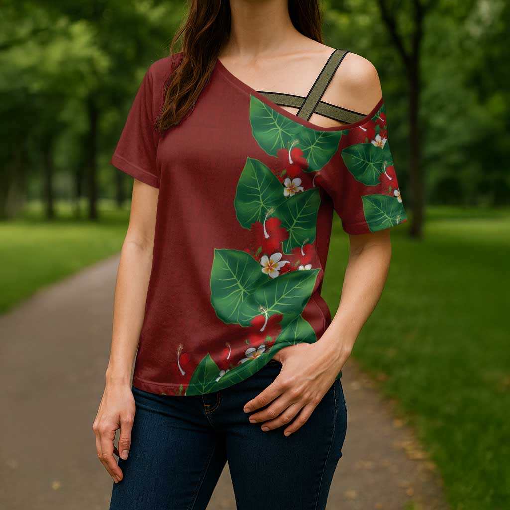 Hawaiian Taro Leaves-Hibiscus and Plumeria Cross Shoulder Shirt Polynesian Art-Kakau Tattoo Red LT03 - Polynesian Pride