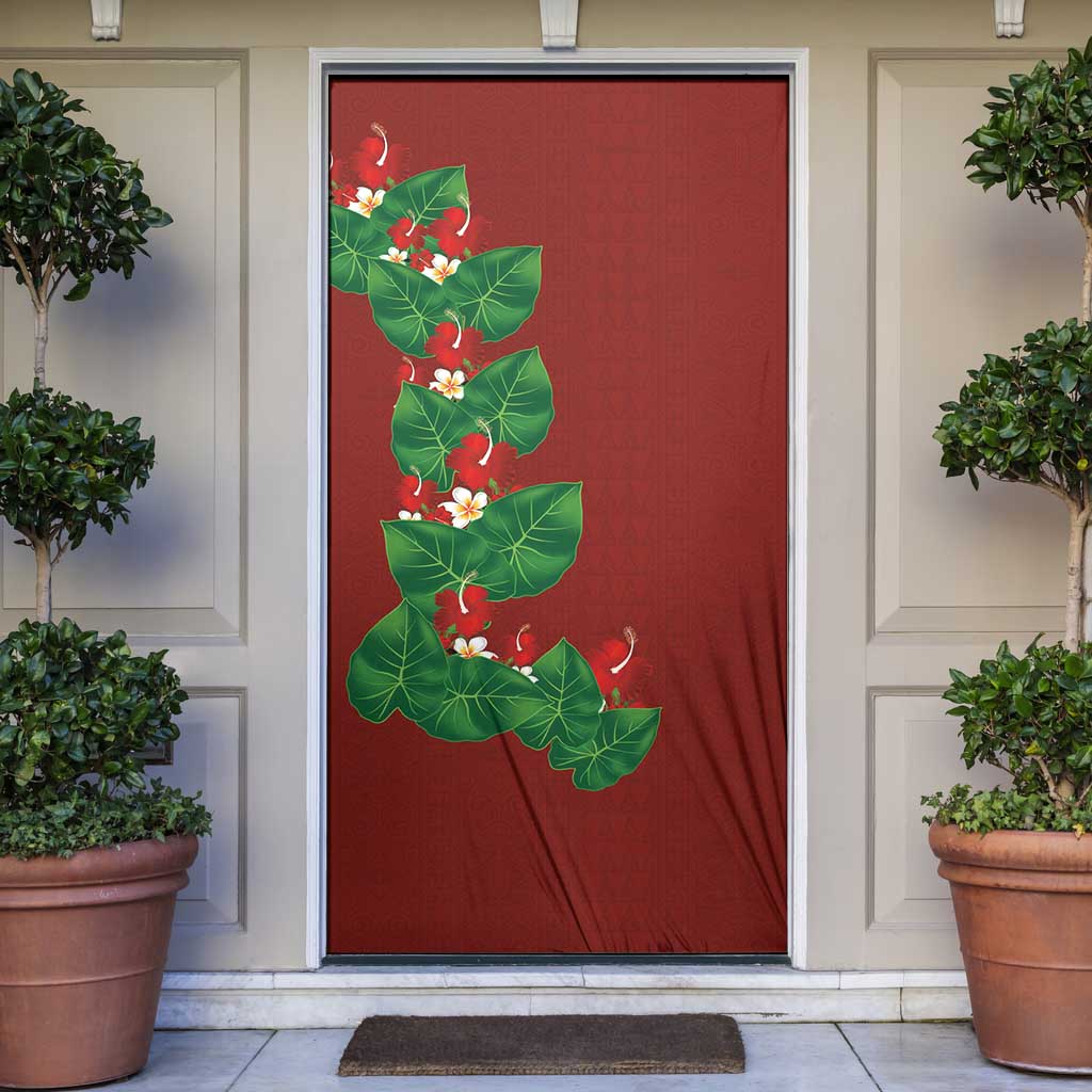 Hawaiian Taro Leaves-Hibiscus and Plumeria Door Cover Polynesian Art-Kakau Tattoo Red LT03 Red - Polynesian Pride
