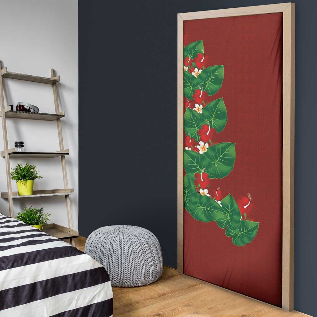 Hawaiian Taro Leaves-Hibiscus and Plumeria Door Cover Polynesian Art-Kakau Tattoo Red LT03 - Polynesian Pride