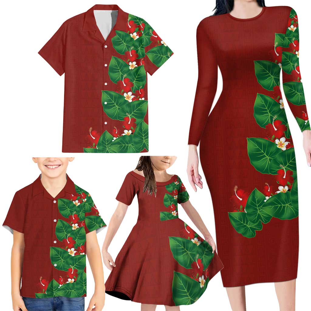 Hawaiian Taro Leaves-Hibiscus and Plumeria Family Matching Long Sleeve Bodycon Dress and Hawaiian Shirt Polynesian Art-Kakau Tattoo Red