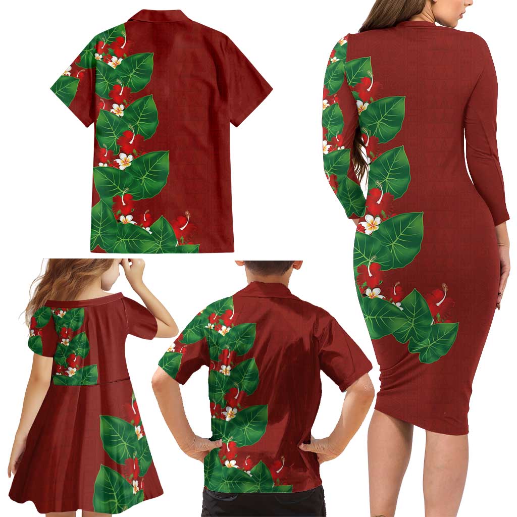 Hawaiian Taro Leaves-Hibiscus and Plumeria Family Matching Long Sleeve Bodycon Dress and Hawaiian Shirt Polynesian Art-Kakau Tattoo Red LT03 - Polynesian Pride