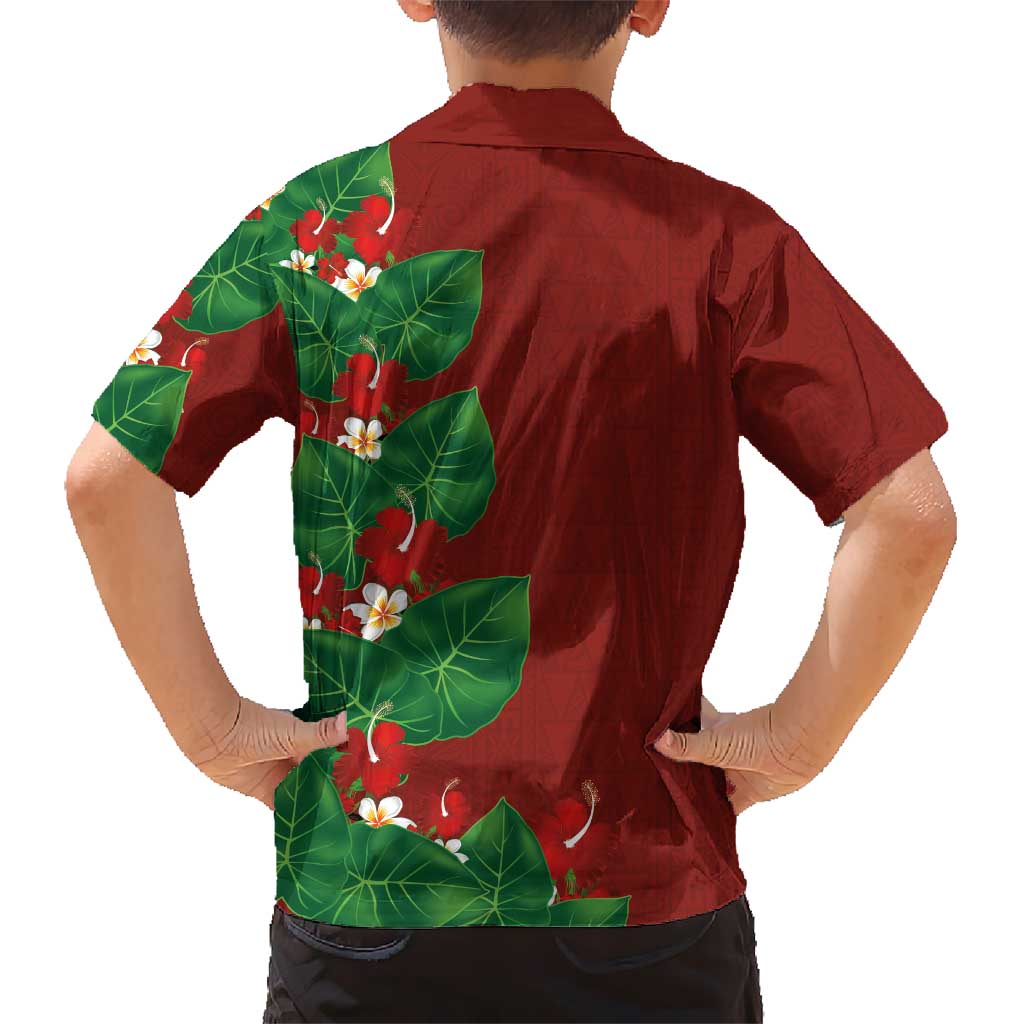 Hawaiian Taro Leaves-Hibiscus and Plumeria Family Matching Off The Shoulder Long Sleeve Dress and Hawaiian Shirt Polynesian Art-Kakau Tattoo Red LT03 - Polynesian Pride