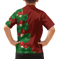 Hawaiian Taro Leaves-Hibiscus and Plumeria Family Matching Off The Shoulder Long Sleeve Dress and Hawaiian Shirt Polynesian Art-Kakau Tattoo Red LT03 - Polynesian Pride