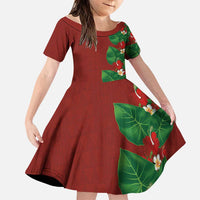 Hawaiian Taro Leaves-Hibiscus and Plumeria Family Matching Off The Shoulder Long Sleeve Dress and Hawaiian Shirt Polynesian Art-Kakau Tattoo Red LT03 Daughter's Dress Red - Polynesian Pride