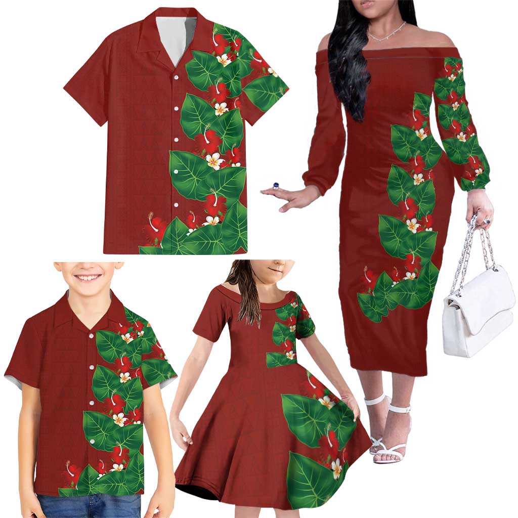 Hawaiian Taro Leaves-Hibiscus and Plumeria Family Matching Off The Shoulder Long Sleeve Dress and Hawaiian Shirt Polynesian Art-Kakau Tattoo Red LT03 - Polynesian Pride