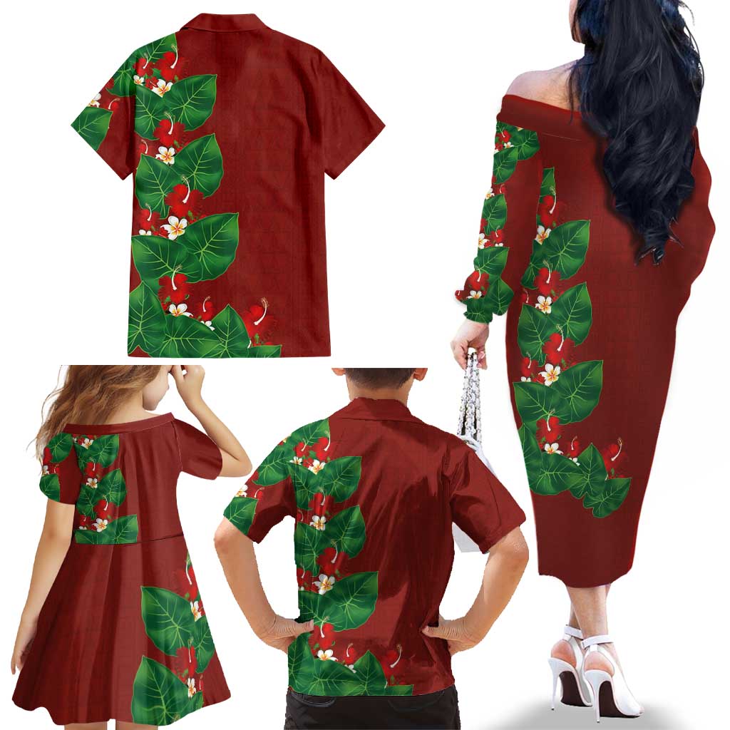 Hawaiian Taro Leaves-Hibiscus and Plumeria Family Matching Off The Shoulder Long Sleeve Dress and Hawaiian Shirt Polynesian Art-Kakau Tattoo Red LT03 - Polynesian Pride