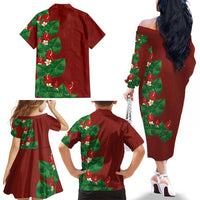 Hawaiian Taro Leaves-Hibiscus and Plumeria Family Matching Off The Shoulder Long Sleeve Dress and Hawaiian Shirt Polynesian Art-Kakau Tattoo Red LT03 - Polynesian Pride