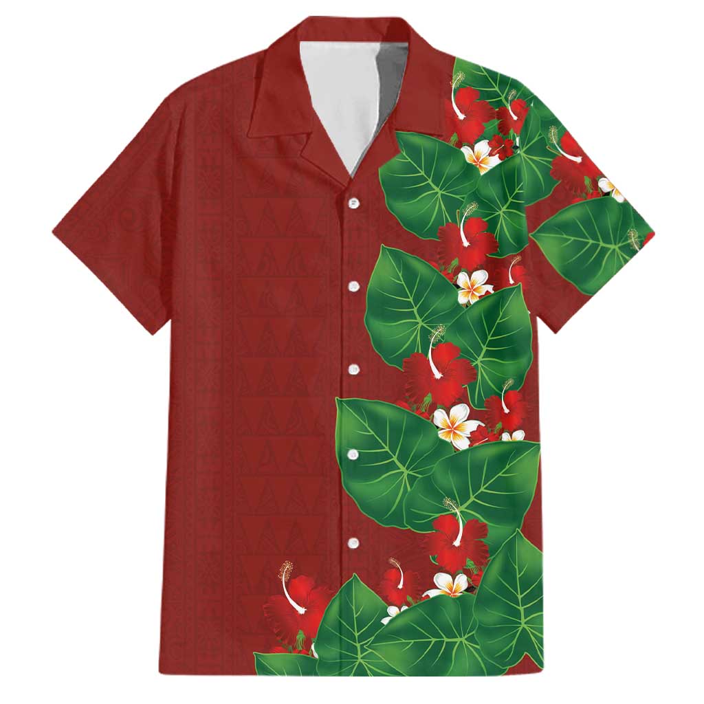 Hawaiian Taro Leaves-Hibiscus and Plumeria Family Matching Off The Shoulder Long Sleeve Dress and Hawaiian Shirt Polynesian Art-Kakau Tattoo Red LT03 Dad's Shirt - Short Sleeve Red - Polynesian Pride