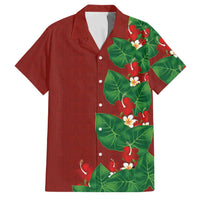 Hawaiian Taro Leaves-Hibiscus and Plumeria Family Matching Off The Shoulder Long Sleeve Dress and Hawaiian Shirt Polynesian Art-Kakau Tattoo Red LT03 Dad's Shirt - Short Sleeve Red - Polynesian Pride