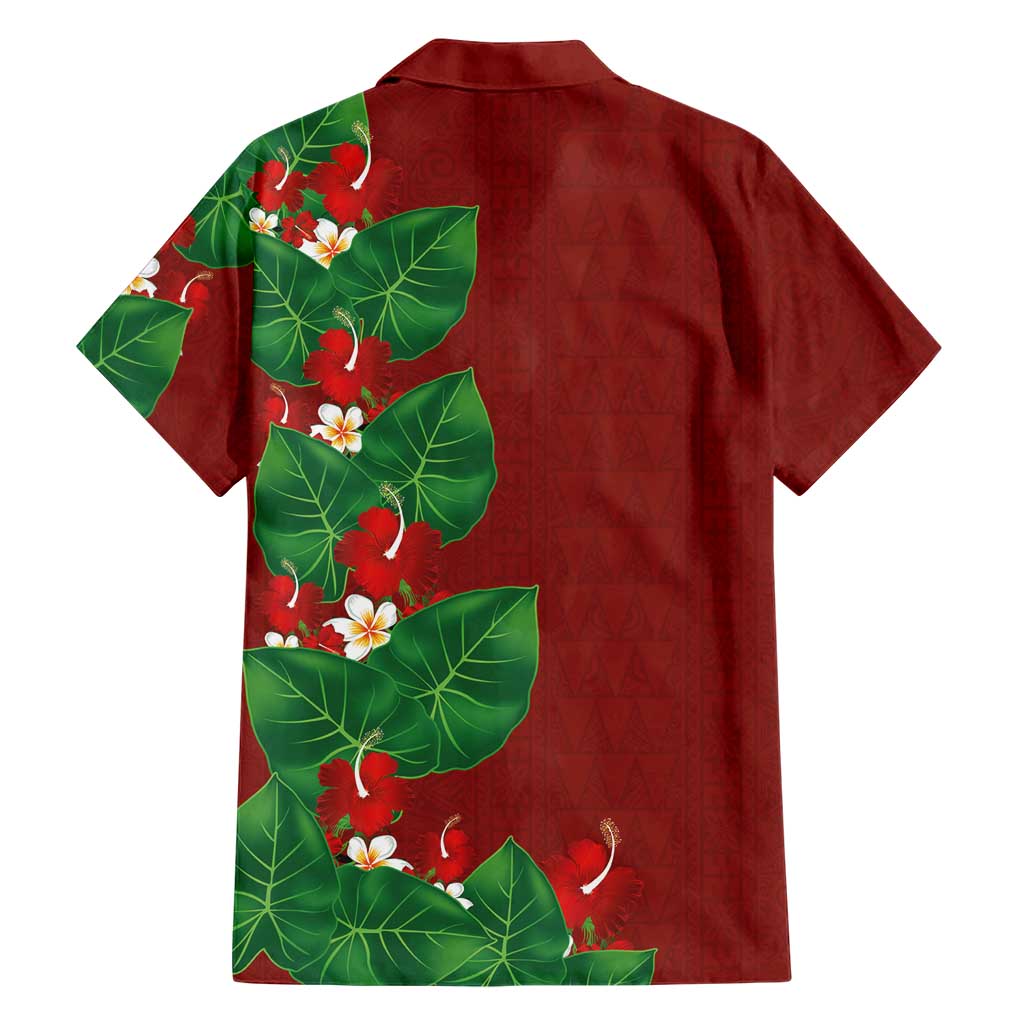 Hawaiian Taro Leaves-Hibiscus and Plumeria Family Matching Off The Shoulder Long Sleeve Dress and Hawaiian Shirt Polynesian Art-Kakau Tattoo Red LT03 - Polynesian Pride