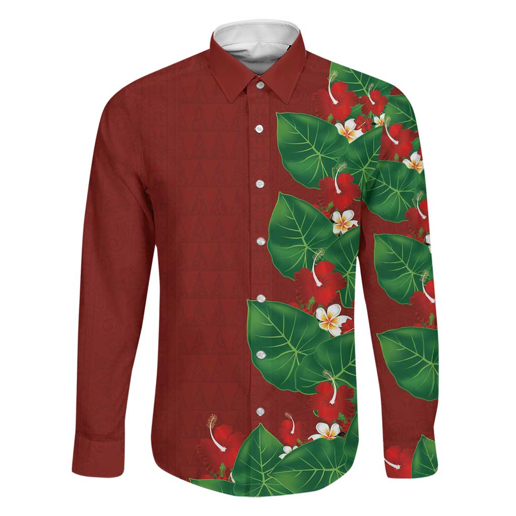 Hawaiian Taro Leaves-Hibiscus and Plumeria Family Matching Off The Shoulder Long Sleeve Dress and Hawaiian Shirt Polynesian Art-Kakau Tattoo Red LT03 Dad's Shirt - Long Sleeve Red - Polynesian Pride