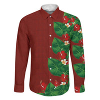 Hawaiian Taro Leaves-Hibiscus and Plumeria Family Matching Off The Shoulder Long Sleeve Dress and Hawaiian Shirt Polynesian Art-Kakau Tattoo Red LT03 Dad's Shirt - Long Sleeve Red - Polynesian Pride