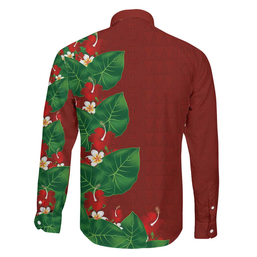Hawaiian Taro Leaves-Hibiscus and Plumeria Family Matching Off The Shoulder Long Sleeve Dress and Hawaiian Shirt Polynesian Art-Kakau Tattoo Red LT03 - Polynesian Pride