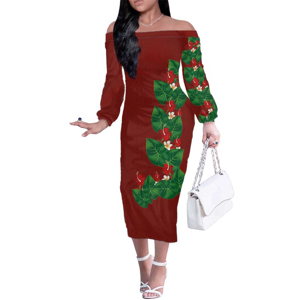 Hawaiian Taro Leaves-Hibiscus and Plumeria Family Matching Off The Shoulder Long Sleeve Dress and Hawaiian Shirt Polynesian Art-Kakau Tattoo Red LT03 Mom's Dress Red - Polynesian Pride