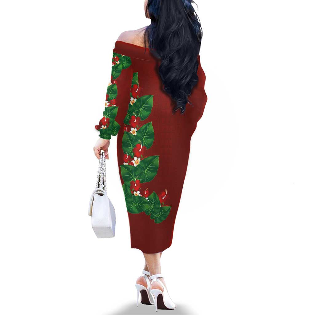 Hawaiian Taro Leaves-Hibiscus and Plumeria Family Matching Off The Shoulder Long Sleeve Dress and Hawaiian Shirt Polynesian Art-Kakau Tattoo Red LT03 - Polynesian Pride