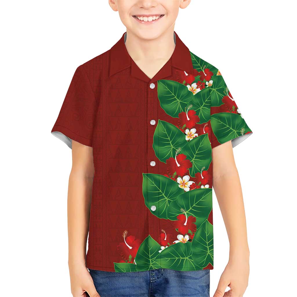 Hawaiian Taro Leaves-Hibiscus and Plumeria Family Matching Off The Shoulder Long Sleeve Dress and Hawaiian Shirt Polynesian Art-Kakau Tattoo Red LT03 Son's Shirt Red - Polynesian Pride