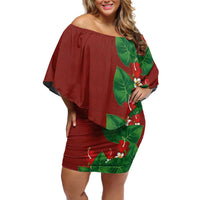 Hawaiian Taro Leaves-Hibiscus and Plumeria Family Matching Off Shoulder Short Dress and Hawaiian Shirt Polynesian Art-Kakau Tattoo Red LT03 Mom's Dress Red - Polynesian Pride