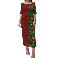 Hawaiian Taro Leaves-Hibiscus and Plumeria Family Matching Puletasi and Hawaiian Shirt Polynesian Art-Kakau Tattoo Red LT03 Mom's Dress Red - Polynesian Pride