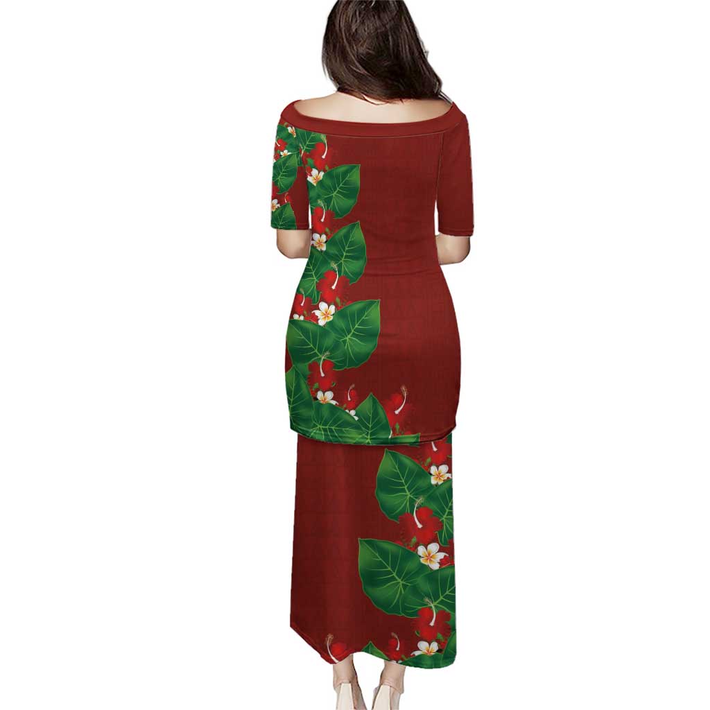 Hawaiian Taro Leaves-Hibiscus and Plumeria Family Matching Puletasi and Hawaiian Shirt Polynesian Art-Kakau Tattoo Red LT03 - Polynesian Pride