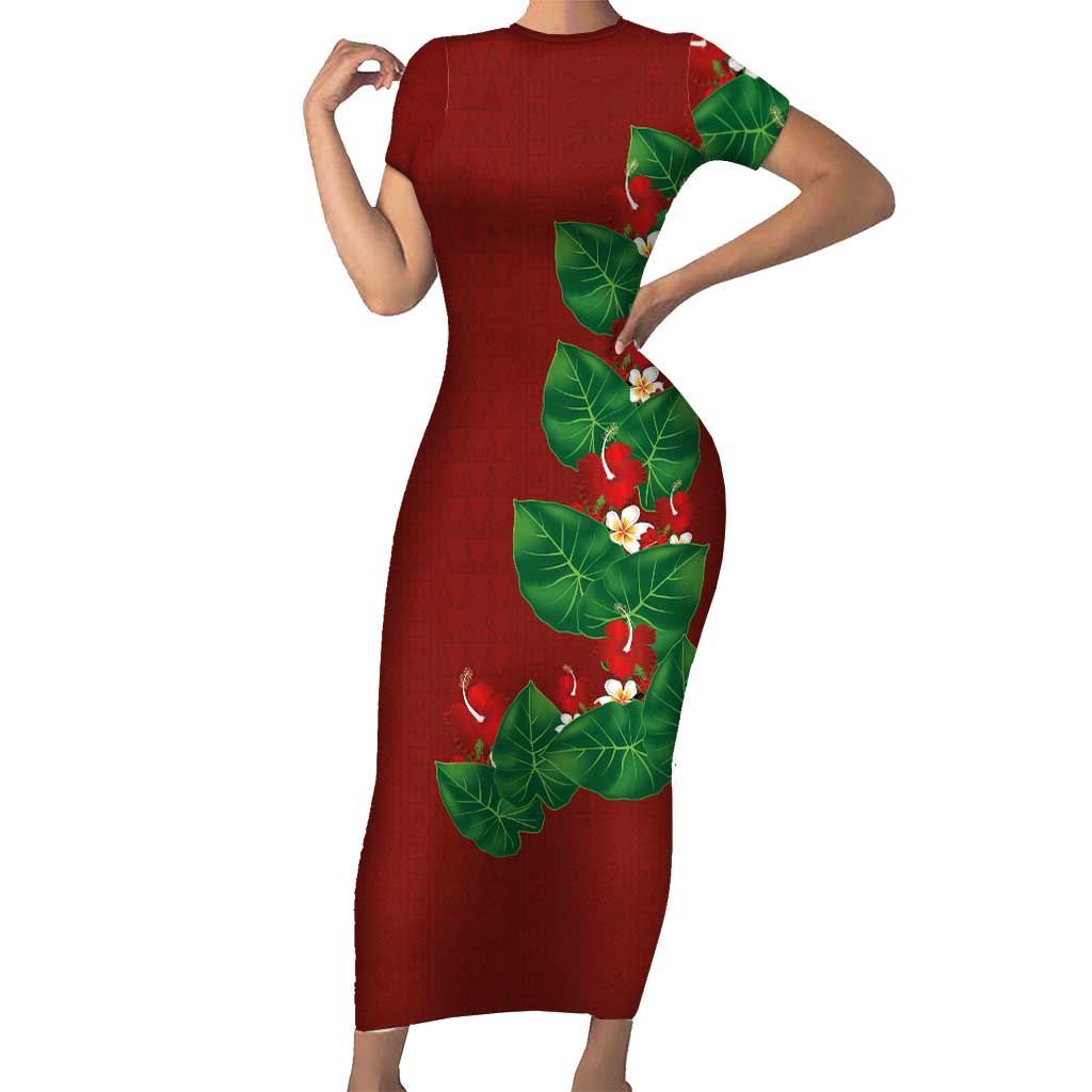 Hawaiian Taro Leaves-Hibiscus and Plumeria Family Matching Short Sleeve Bodycon Dress and Hawaiian Shirt Polynesian Art-Kakau Tattoo Red LT03 Mom's Dress Red - Polynesian Pride