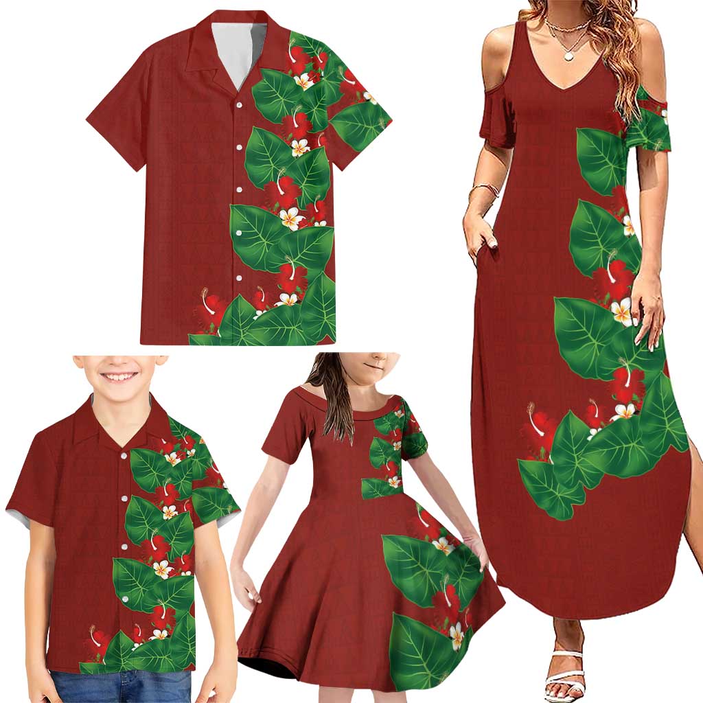 Hawaiian Taro Leaves-Hibiscus and Plumeria Family Matching Summer Maxi Dress and Hawaiian Shirt Polynesian Art-Kakau Tattoo Red LT03 - Polynesian Pride