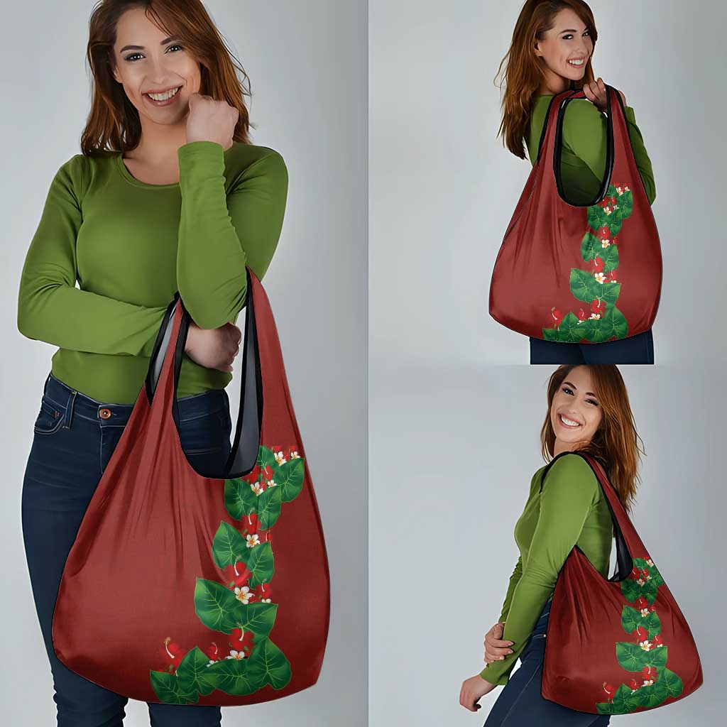 Hawaiian Taro Leaves-Hibiscus and Plumeria Grocery Bag Polynesian Art-Kakau Tattoo Red
