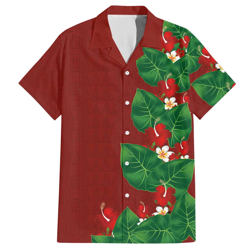 Hawaiian Taro Leaves-Hibiscus and Plumeria Hawaiian Shirt Polynesian Art-Kakau Tattoo Red LT03 Red - Polynesian Pride