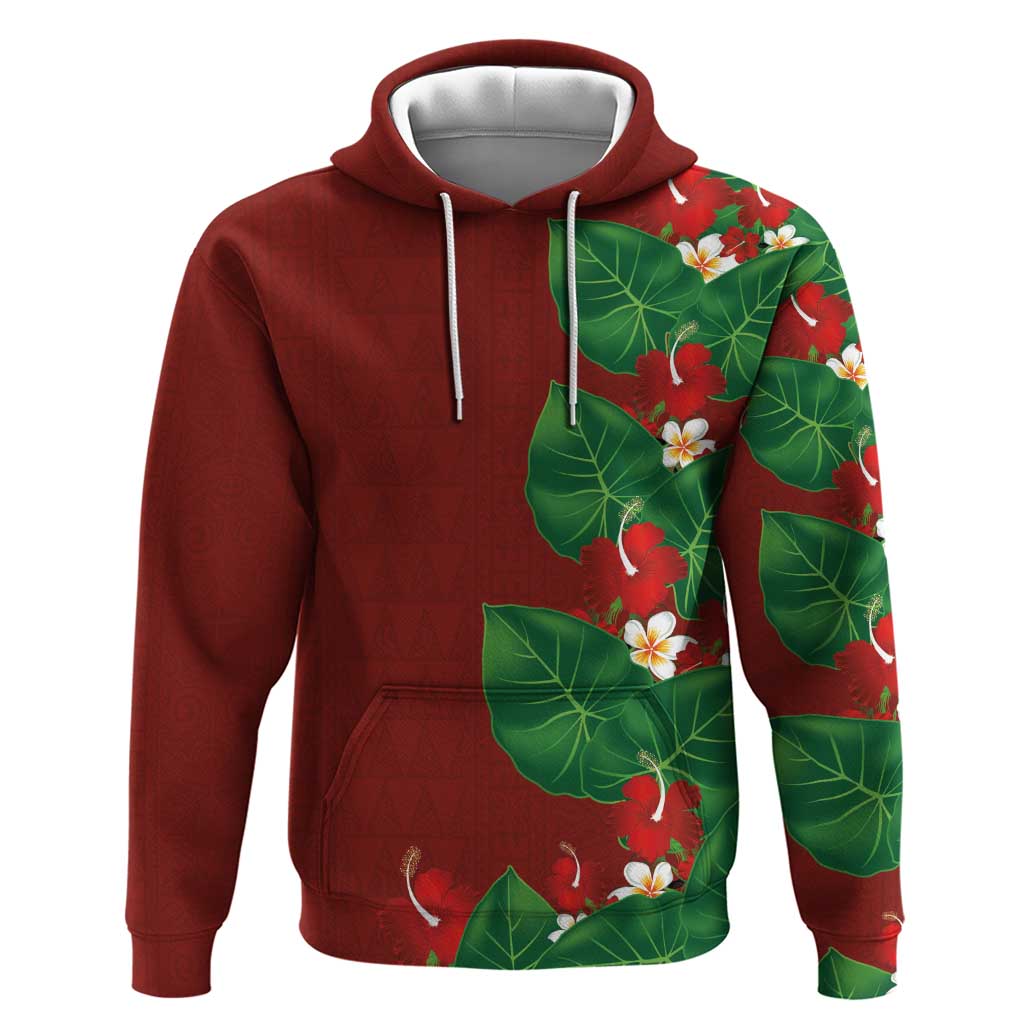 Hawaiian Taro Leaves-Hibiscus and Plumeria Hoodie Polynesian Art-Kakau Tattoo Red LT03 Pullover Hoodie Red - Polynesian Pride