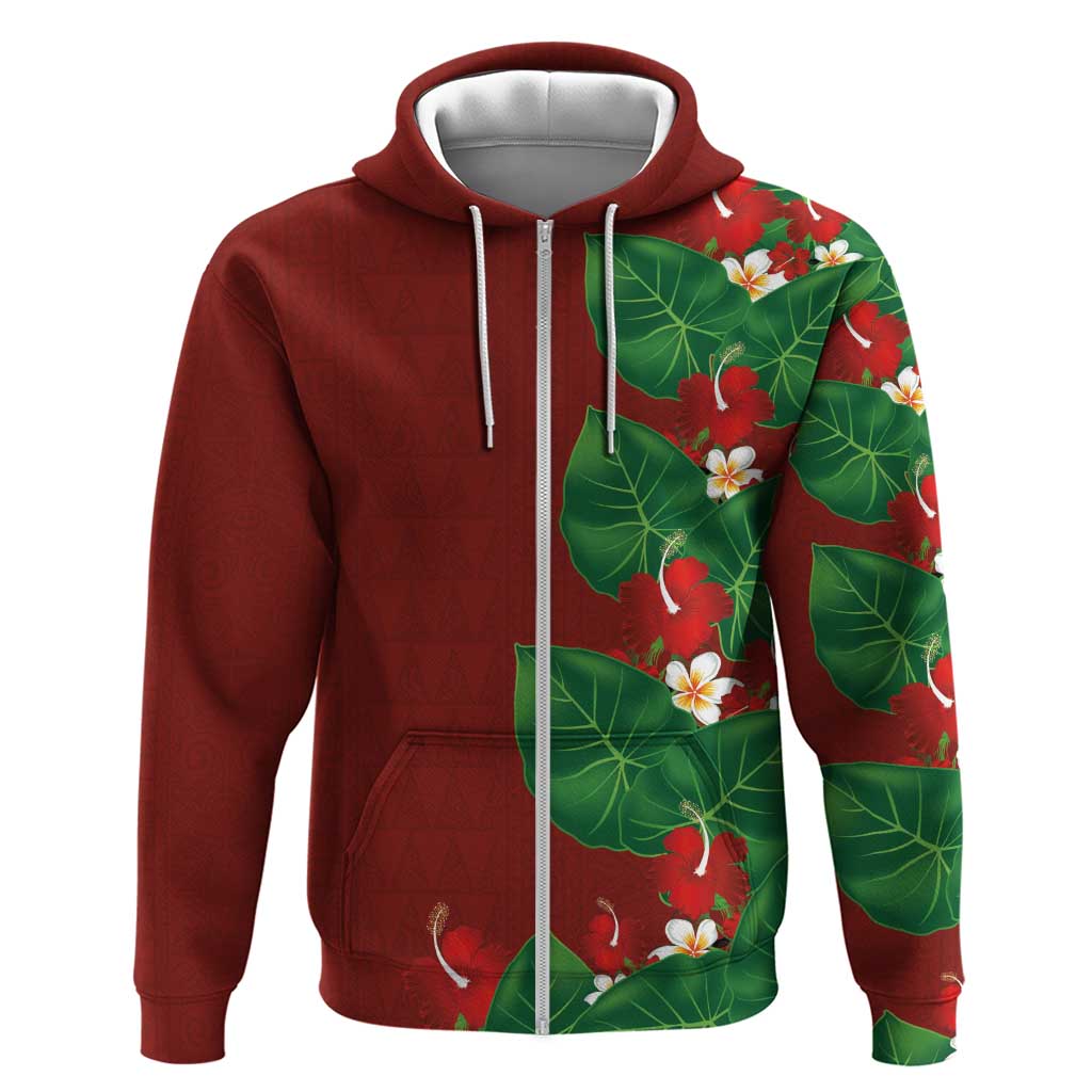 Hawaiian Taro Leaves-Hibiscus and Plumeria Hoodie Polynesian Art-Kakau Tattoo Red LT03 Zip Hoodie Red - Polynesian Pride