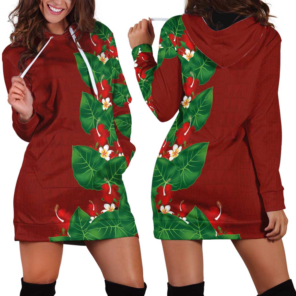Hawaiian Taro Leaves-Hibiscus and Plumeria Hoodie Dress Polynesian Art-Kakau Tattoo Red LT03 - Polynesian Pride