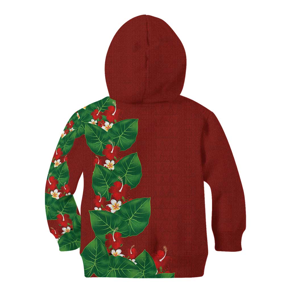 Hawaiian Taro Leaves-Hibiscus and Plumeria Kid Hoodie Polynesian Art-Kakau Tattoo Red LT03 - Polynesian Pride