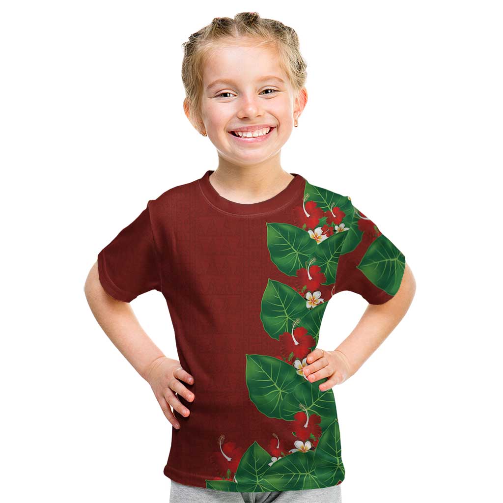 Hawaiian Taro Leaves-Hibiscus and Plumeria Kid T Shirt Polynesian Art-Kakau Tattoo Red LT03 Red - Polynesian Pride