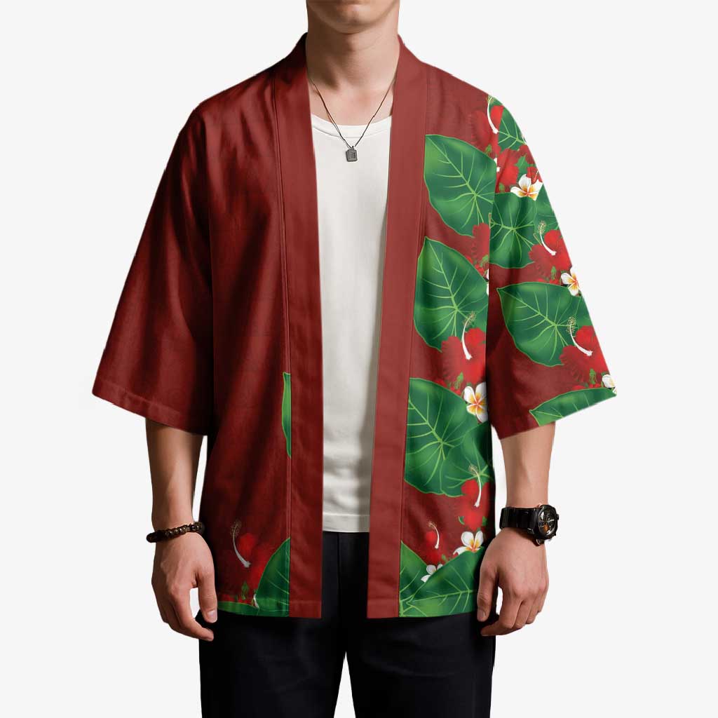 Hawaiian Taro Leaves-Hibiscus and Plumeria Kimono Polynesian Art-Kakau Tattoo Red