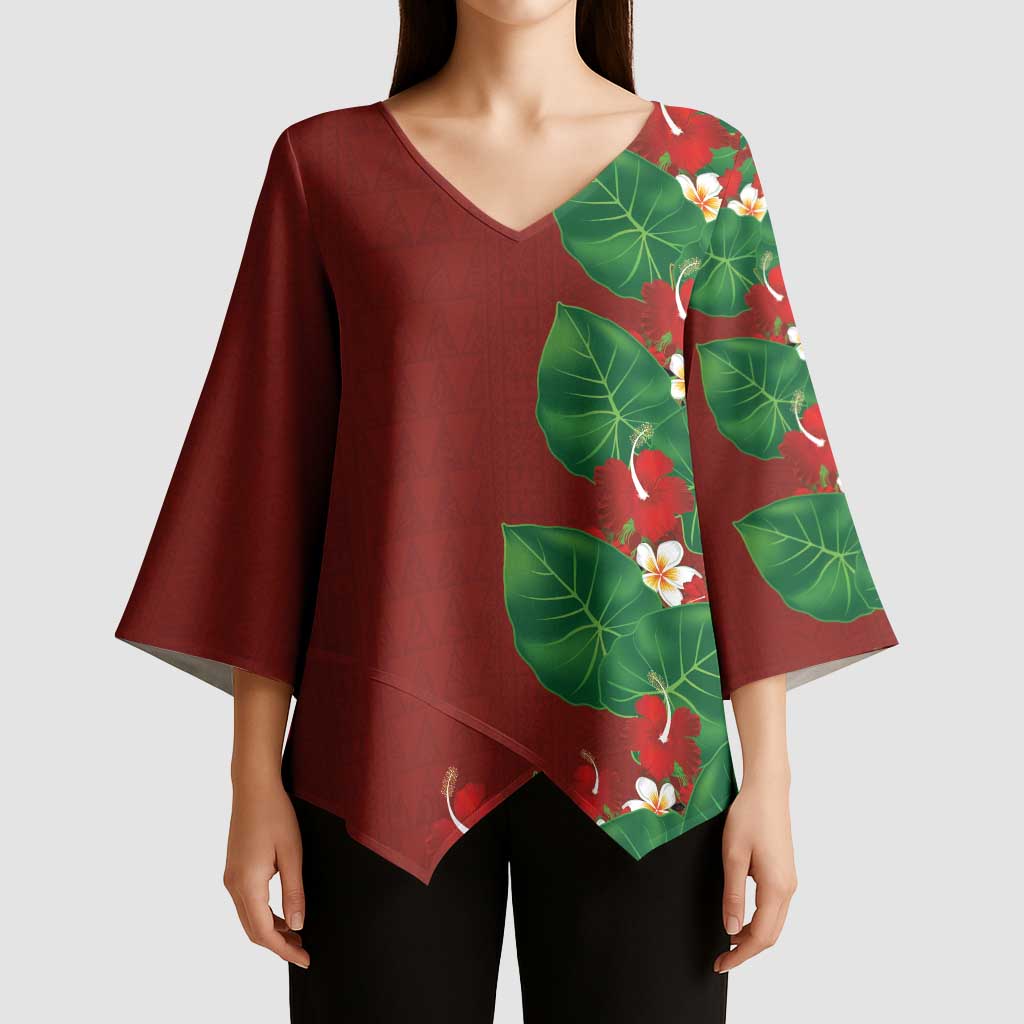 Hawaiian Taro Leaves-Hibiscus and Plumeria Kimono Sleeve Blouse Polynesian Art-Kakau Tattoo Red LT03 - Polynesian Pride