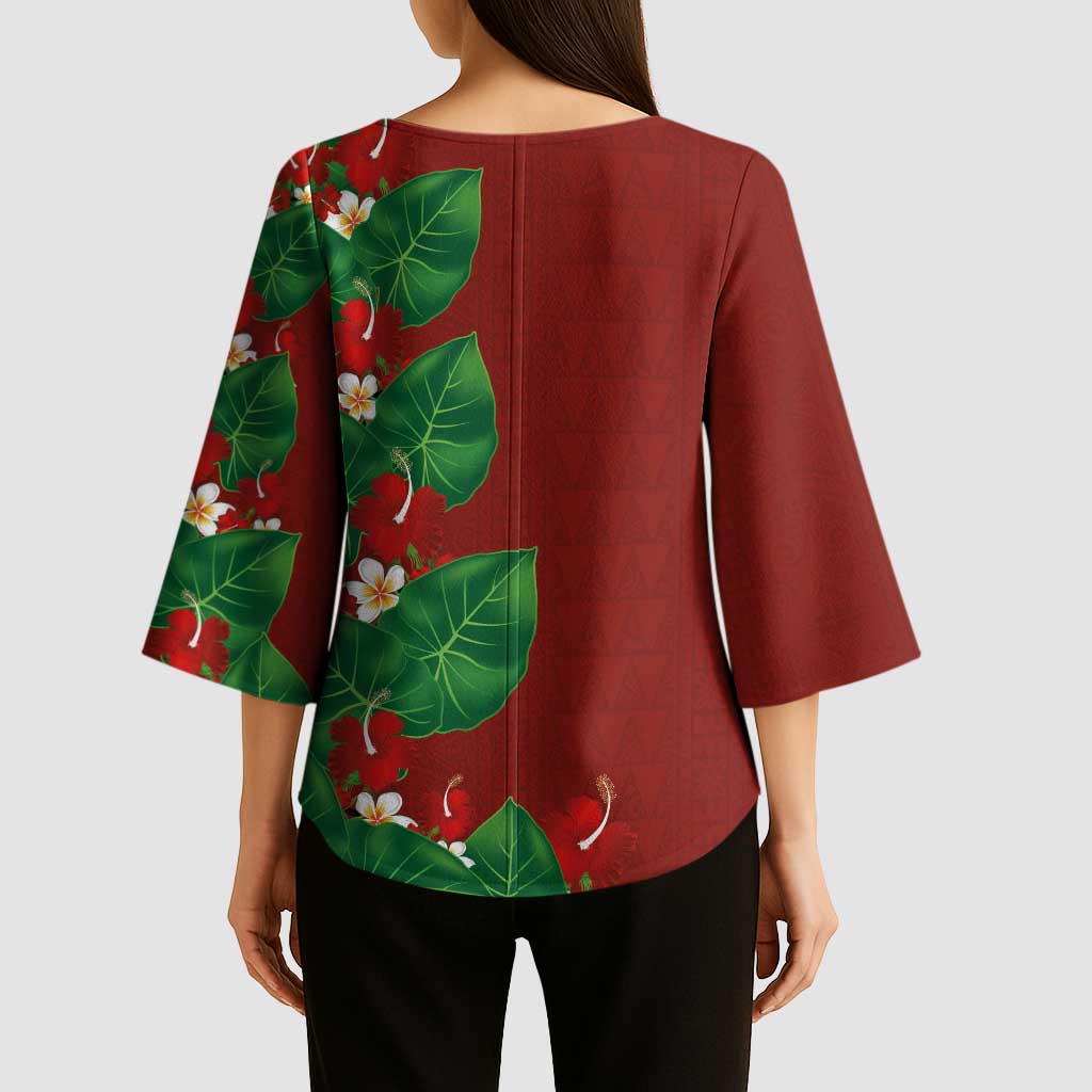 Hawaiian Taro Leaves-Hibiscus and Plumeria Kimono Sleeve Blouse Polynesian Art-Kakau Tattoo Red LT03 - Polynesian Pride
