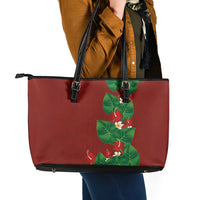 Hawaiian Taro Leaves-Hibiscus and Plumeria Leather Tote Bag Polynesian Art-Kakau Tattoo Red LT03 - Polynesian Pride