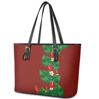 Hawaiian Taro Leaves-Hibiscus and Plumeria Leather Tote Bag Polynesian Art-Kakau Tattoo Red LT03 - Polynesian Pride