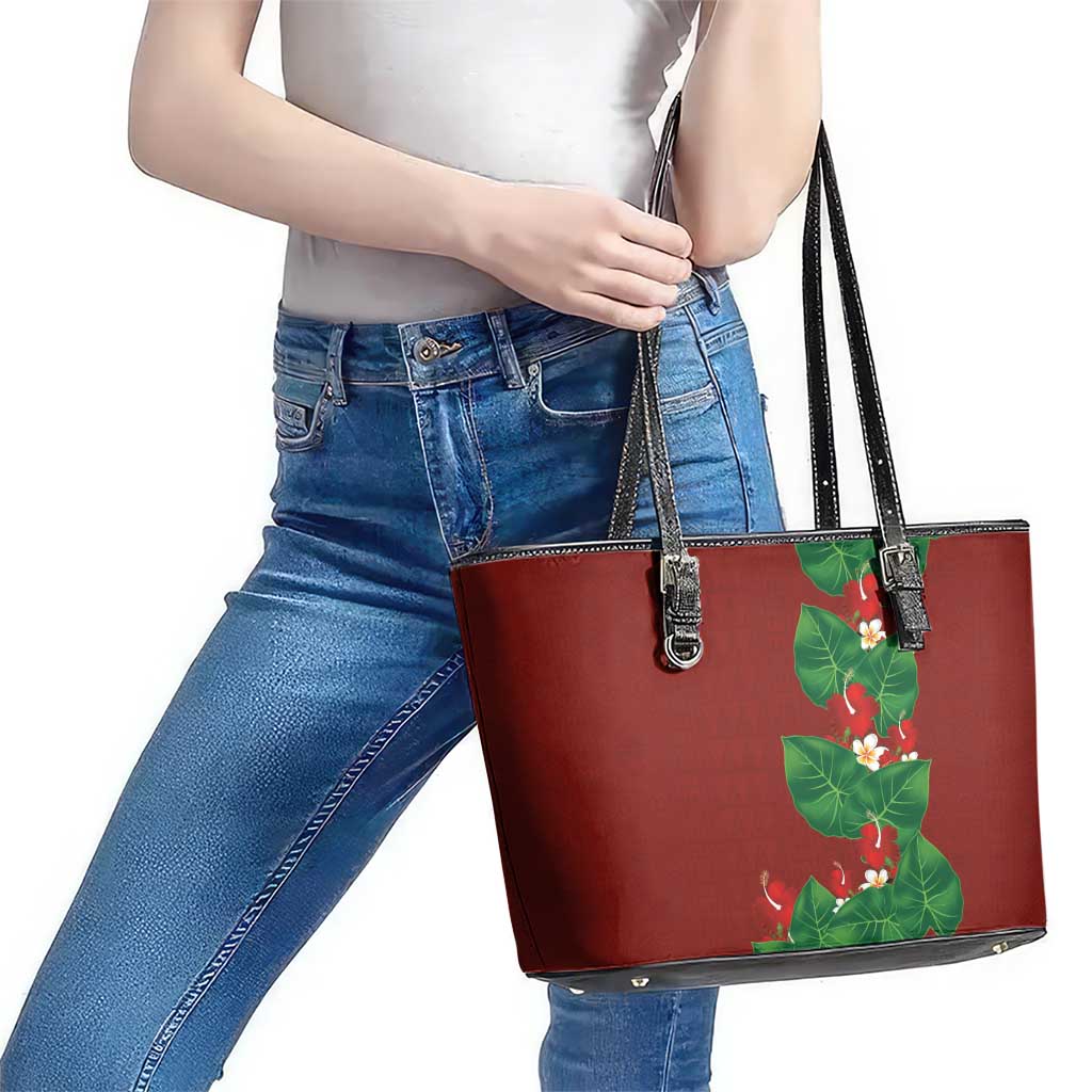Hawaiian Taro Leaves-Hibiscus and Plumeria Leather Tote Bag Polynesian Art-Kakau Tattoo Red LT03 - Polynesian Pride