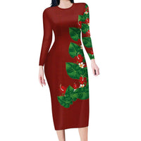 Hawaiian Taro Leaves-Hibiscus and Plumeria Long Sleeve Bodycon Dress Polynesian Art-Kakau Tattoo Red LT03 Long Dress Red - Polynesian Pride