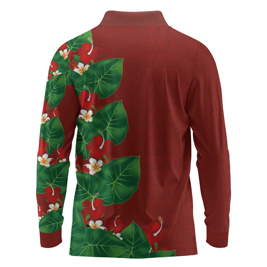 Hawaiian Taro Leaves-Hibiscus and Plumeria Long Sleeve Polo Shirt Polynesian Art-Kakau Tattoo Red LT03 - Polynesian Pride
