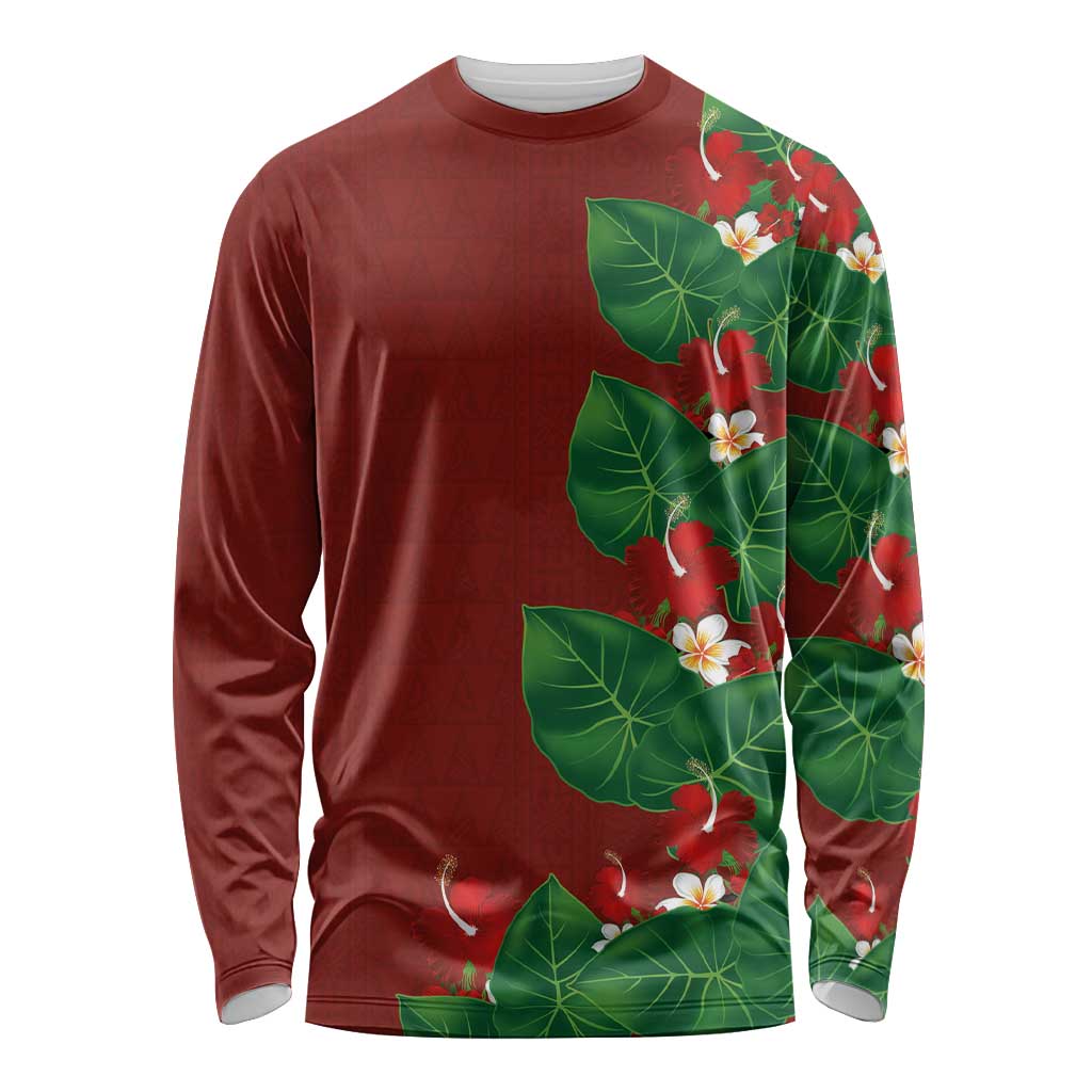 Hawaiian Taro Leaves-Hibiscus and Plumeria Long Sleeve Shirt Polynesian Art-Kakau Tattoo Red LT03 Unisex Red - Polynesian Pride