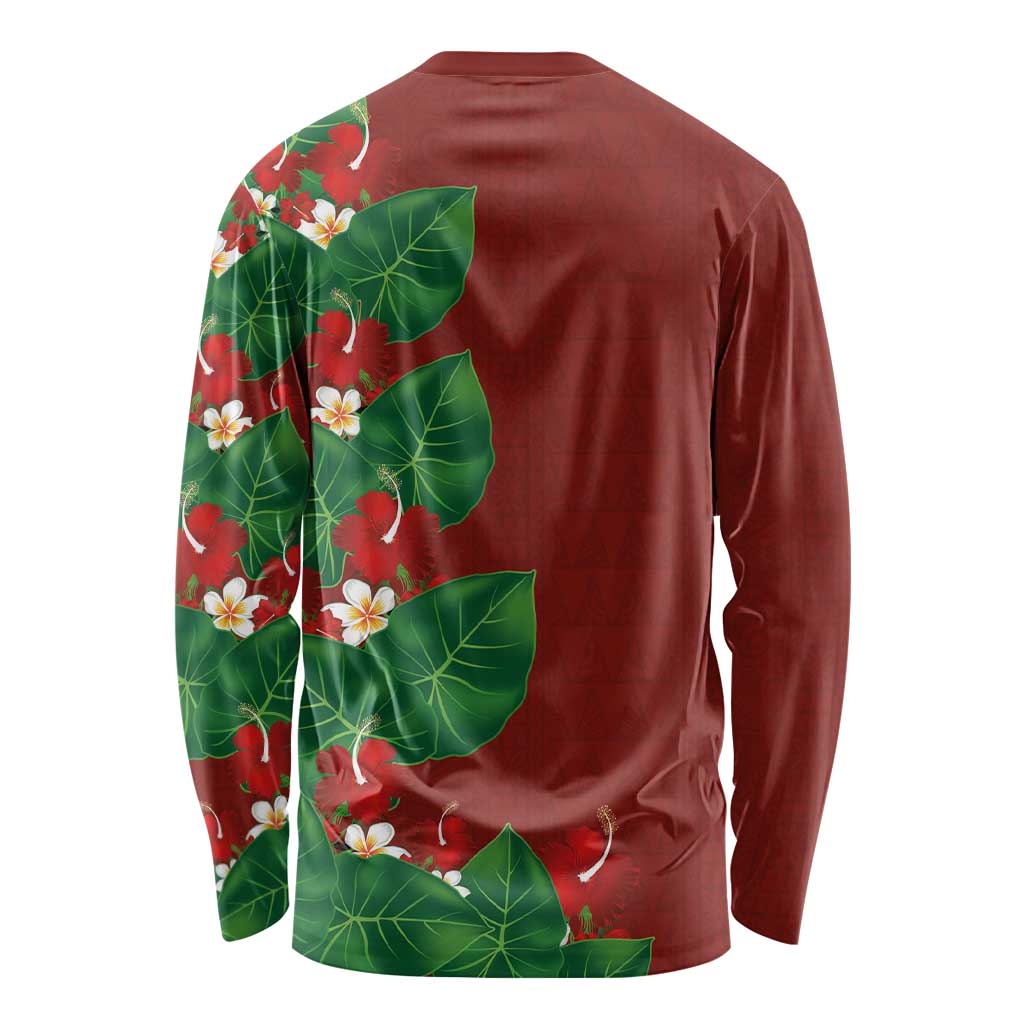Hawaiian Taro Leaves-Hibiscus and Plumeria Long Sleeve Shirt Polynesian Art-Kakau Tattoo Red LT03 - Polynesian Pride