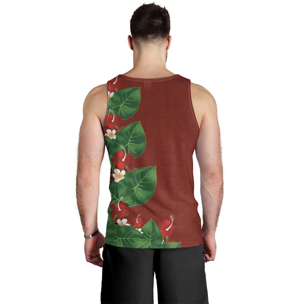 Hawaiian Taro Leaves-Hibiscus and Plumeria Men Tank Top Polynesian Art-Kakau Tattoo Red