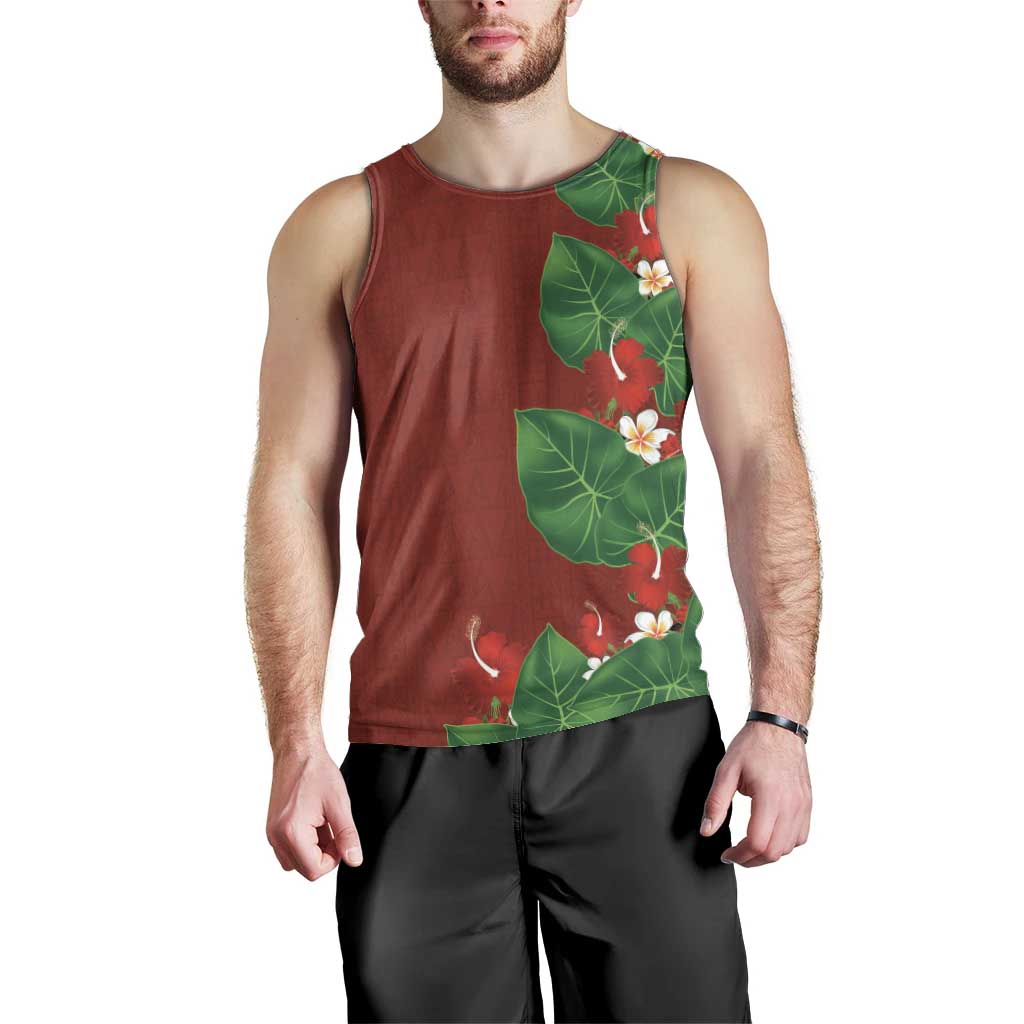 Hawaiian Taro Leaves-Hibiscus and Plumeria Men Tank Top Polynesian Art-Kakau Tattoo Red