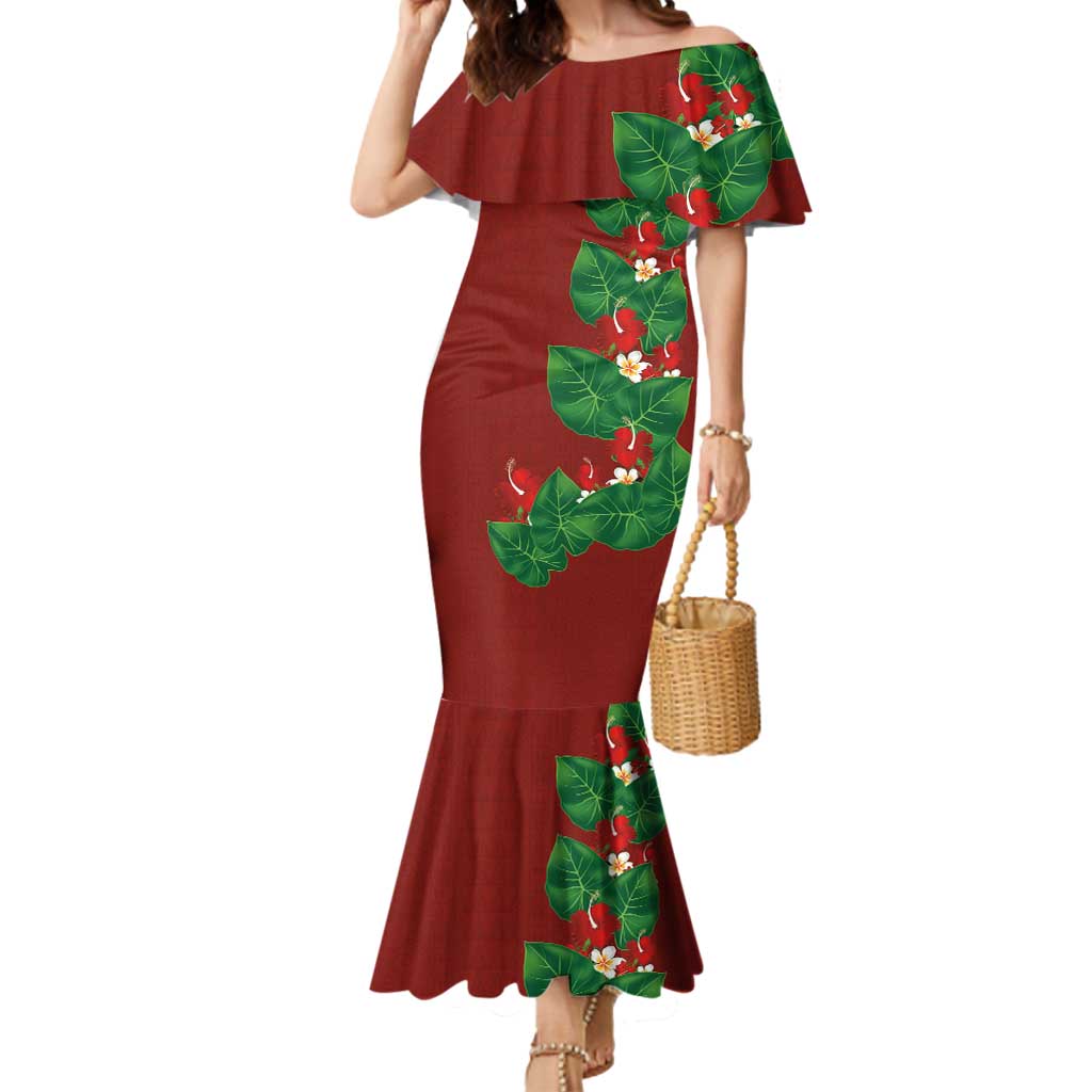 Hawaiian Taro Leaves-Hibiscus and Plumeria Mermaid Dress Polynesian Art-Kakau Tattoo Red